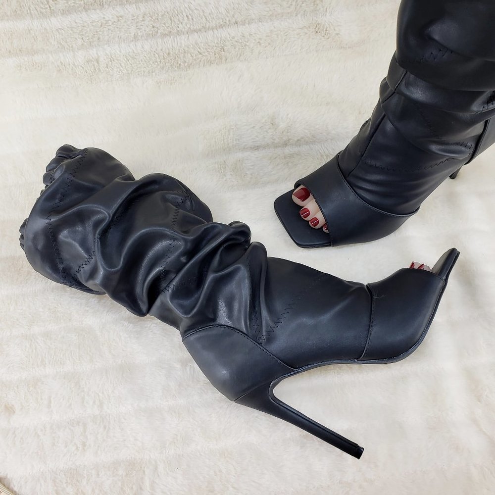 Black Square toe Scrunch Slouch Mid Calf Pull On Heeled boots Resto… - Picture 7 of 15